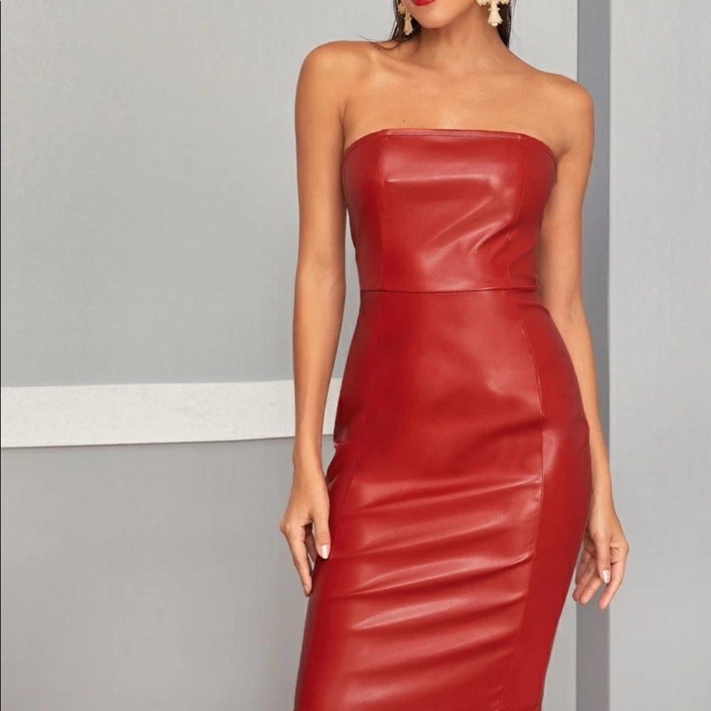 Shein Solid Tube Faux Leather Pencil Dress